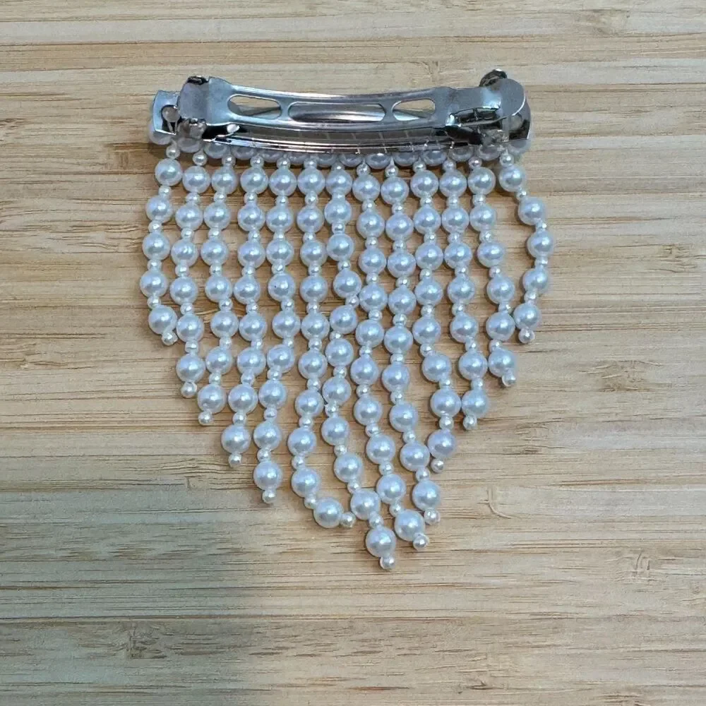 Pearl Fringe Hair Barrette White Faux Pearl Beaded Dangle French Clip Bridal